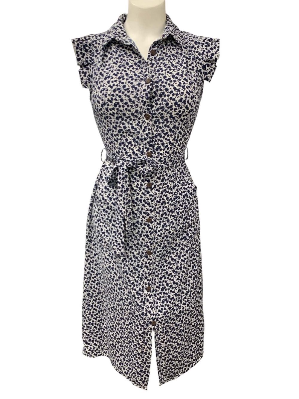 Monteau Navy and White Floral Button-Front Tie-Waist Shirt Dress Size XS